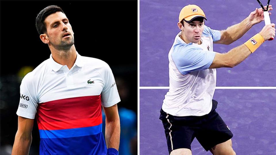 John Peers (pictured right) volleying the ball and Novak Djokovic (pictured left) looking frustrated.