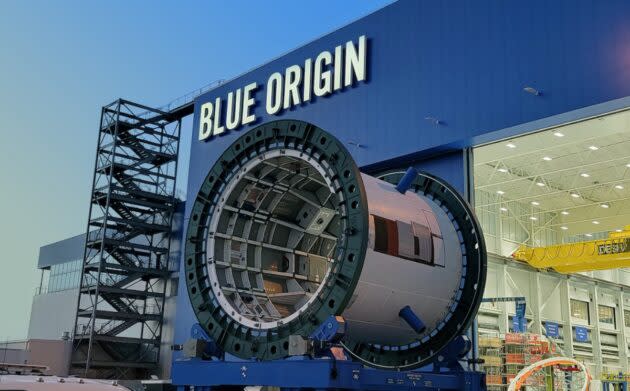 One of the modules for the New Glenn rocket sits outside Blue Origin’s Florida factory. (Blue Origin Photo)