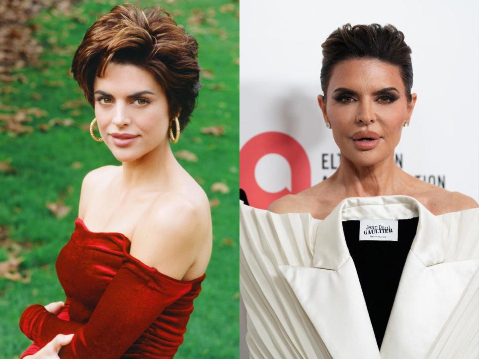Lisa Rinna posing in 1992 and on a red carpet in 2023.