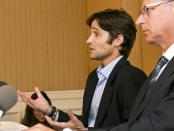 Plaintiff Michael Egan, left, with his attorney, Jeff Herman take questions from to the media during a news conference in Beverly Hills, Calif., Thursday, April 17, 2014. A sex abuse lawsuit by Egan, a former child model and aspiring actor is accusing "X-Men" franchise director Bryan Singer of sexually abusing him as a teenager in a federal lawsuit filed in Hawaii. Singer's attorney, Marty Singer, said in a statement that the claims are absurd and defamatory. (AP Photo/Damian Dovarganes)