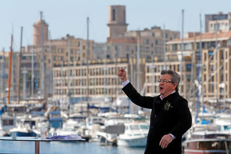 Jean-Luc Melenchon of the French far left Parti de Gauche and candidate for the 2017 French presidential election delivers a speech during a political rally in Marseille, France, April 9, 2017. REUTERS/Jean-Paul Pelissier