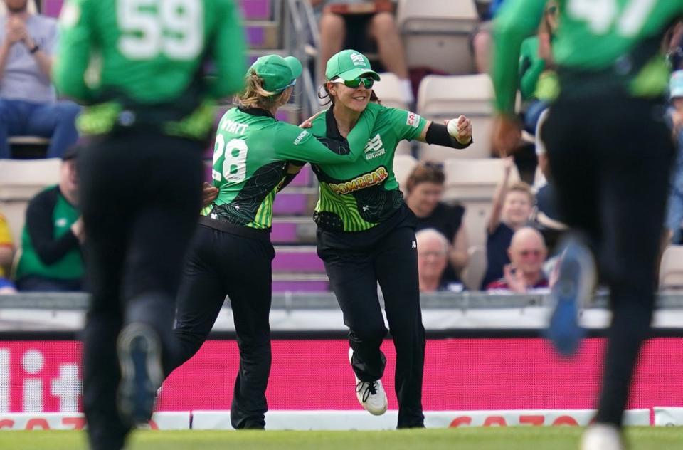 Southern Brave’s Maia Bouchier (right) celebrates catching Oval Invincibles’ Georgia Adams during The Hundred match at The Ageas Bowl, Southampton. Picture date: Monday August 16, 2021. (PA Wire)