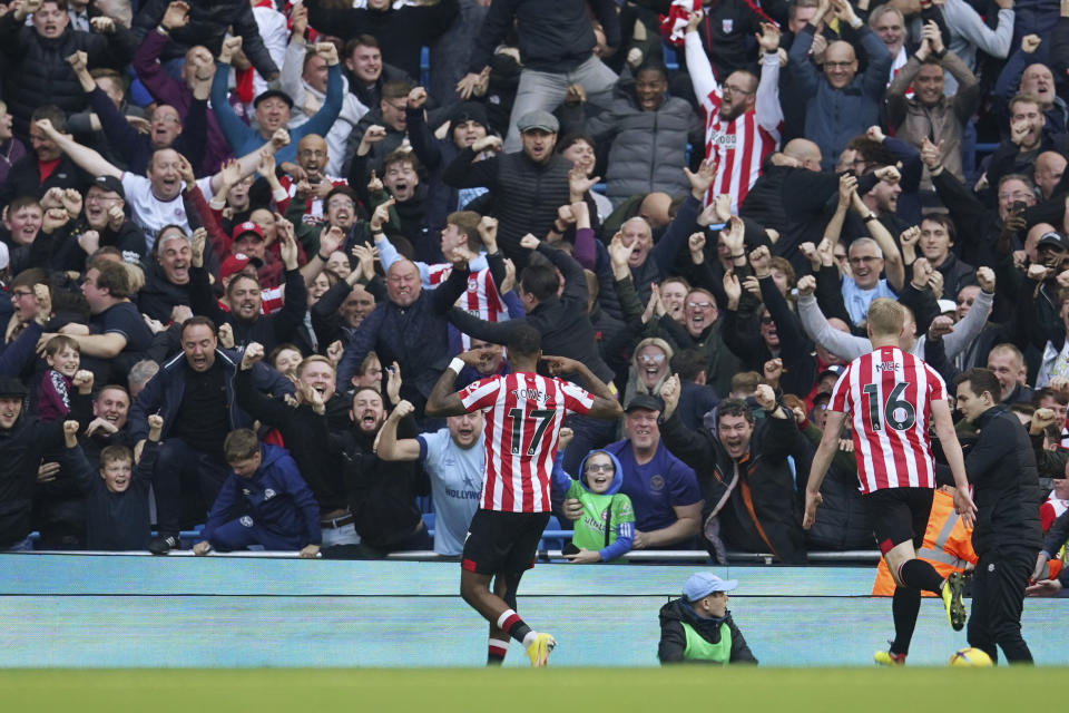 Brentford's Ivan Toney celebrates after scoring his side's second goal during the English Premier League soccer match between Manchester City and Brentford, at the Etihad stadium in Manchester, England, Saturday, Nov.12, 2022. (AP Photo/Dave Thompson)