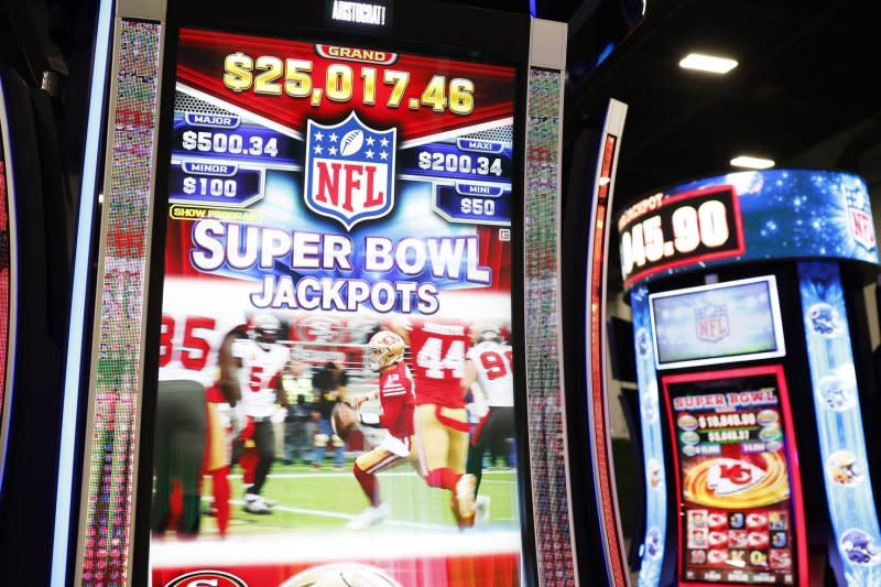 Super Bowl LVIII jackpots are advertised on slot machines at the Mandalay Bay Convention Center on Monday in Las Vegas. Photo by John Angelillo/UPI