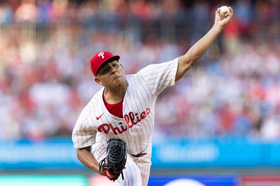 Philadelphia Phillies pitcher Ranger Suarez (55) throws a pitch against the Texas Rangers on Tuesday, May 21, 2024, at Citizens Bank Park in Philadelphia.