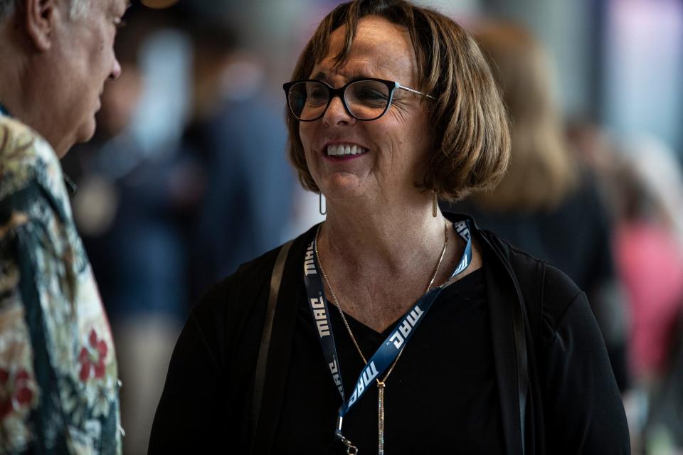 Western Michigan athletic director Kathy Beauregard speaks to reporters during the MAC football media day at Ford Field on Tuesday, July 20, 2021.