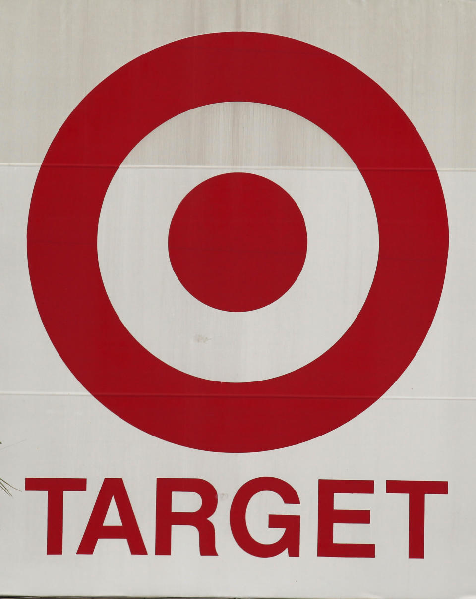 FILE - This Nov. 15, 2011, file photo, shows a Target store sign in Miami. Target Corp. said Thursday, May 3, 2012, a key sales figure rose 1.1 percent in April, but it fell short of analysts' expectations. (AP Photo/Wilfredo Lee, File)
