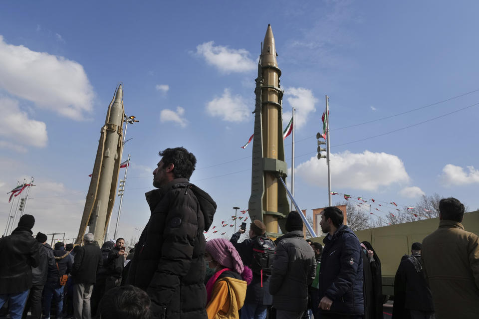 Domestically built missiles are displayed during the annual rally commemorating Iran's 1979 Islamic Revolution, in Tehran, Iran, Saturday, Feb. 11, 2023. Iran on Saturday celebrated the 44th anniversary of the 1979 Islamic Revolution amid nationwide anti-government protests and heightened tensions with the West. (AP Photo/Vahid Salemi)