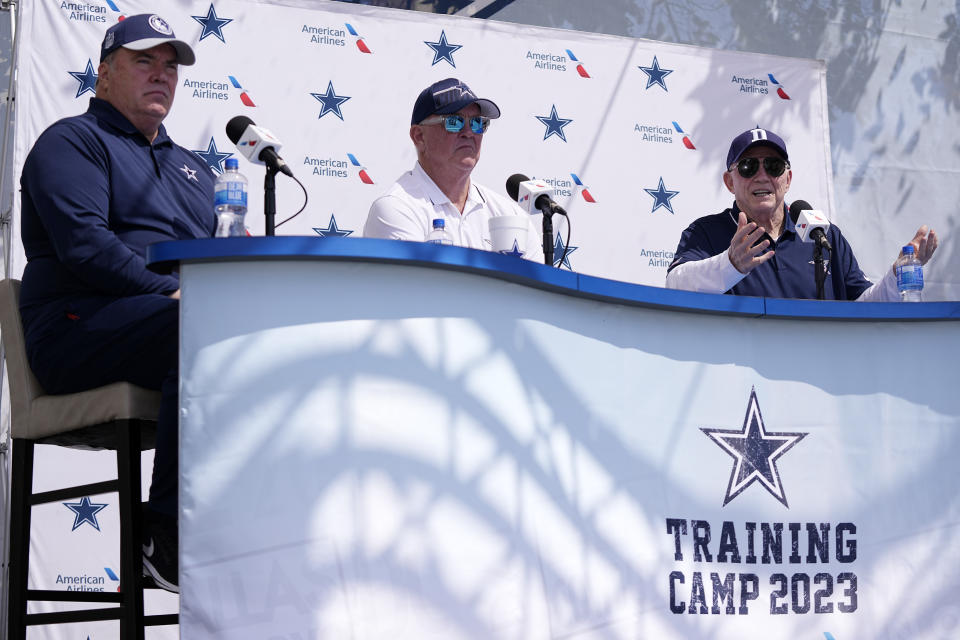 Dallas Cowboys owner Jerry Jones, right, speaks during a news conference along with executive vice president, CEO, and director of player personnel, Stephen Jones, center, and head coach Mike McCarthy ahead of the NFL football team's training camp Tuesday, July 25, 2023, in Oxnard, Calif. (AP Photo/Mark J. Terrill)