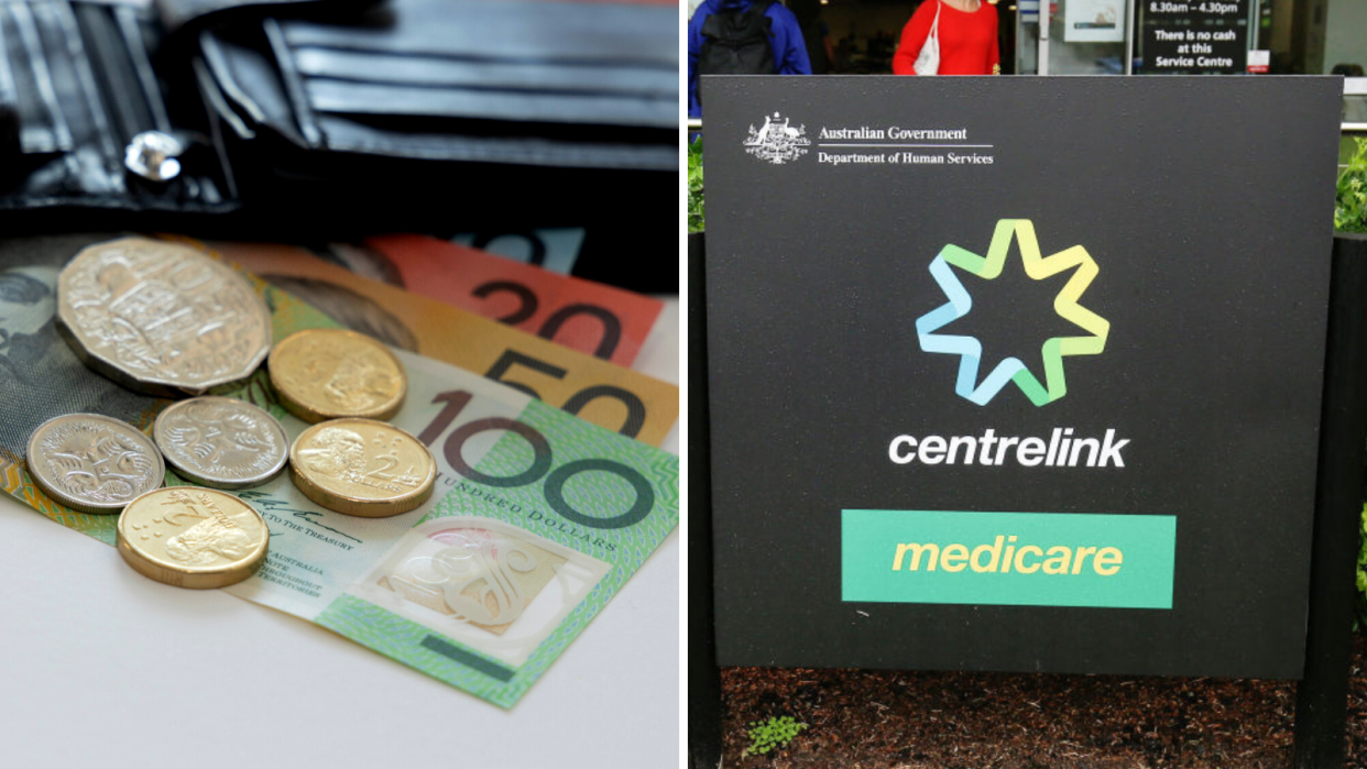 Split image of Australian money spilling from a wallet alongside Centrelink sign