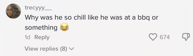 A TikTok comment that reads: Why was he so chill like he was at a bbq or something