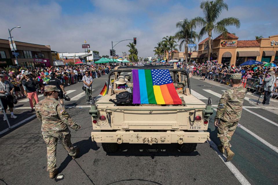 PHOTO: A group of military participants march in the 2022 San Diego Pride Parade, July 16, 2022, in San Diego. (Daniel Knighton/Getty Images)