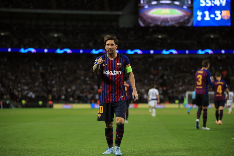 Lionel Messi after scoring against Tottenham (Photo by Marc Atkins/Getty Images)