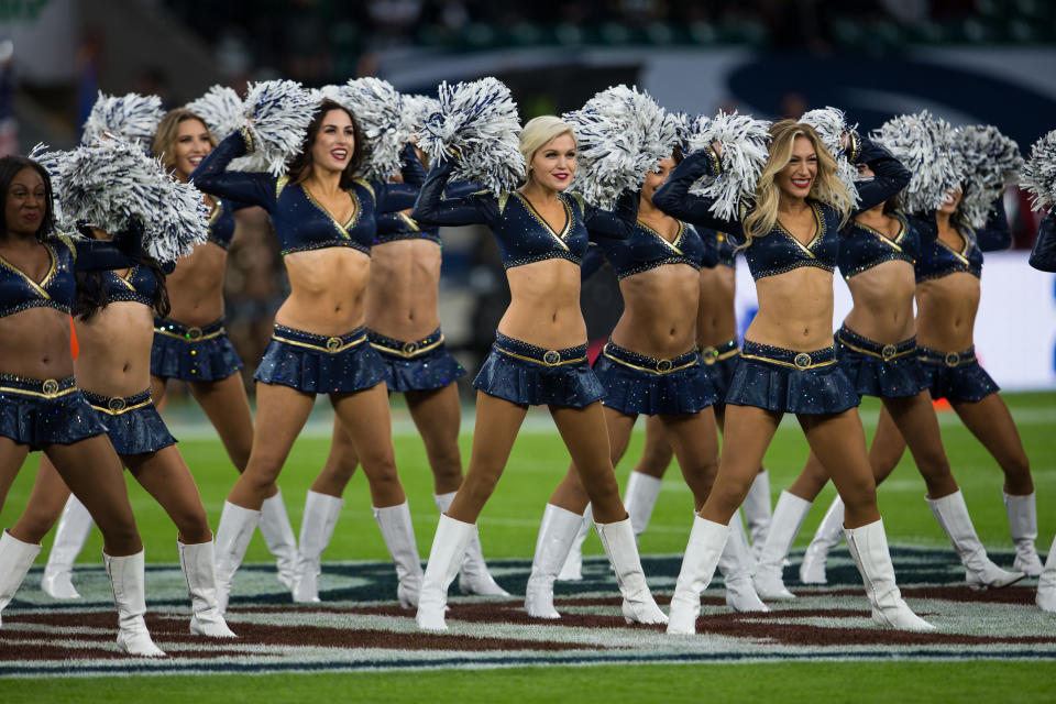 <p>The Rams cheerleaders perform during the game between the Los Angeles Rams and the Arizona Cardinals. (Photo by Tim Williams/Action Plus via Getty Images) </p>