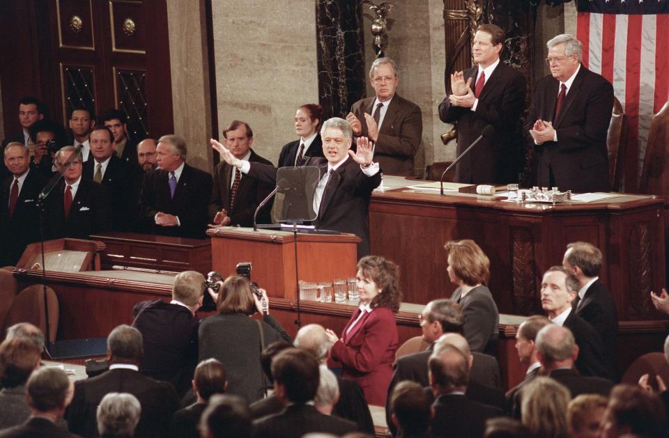 President Clinton delivers his state of the Union address just eight hours after his Senate impeachment trial defense began.