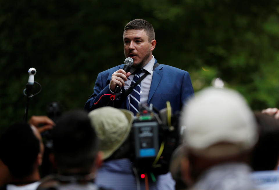 <p>White nationalist leader Jason Kessler speaks during a rally marking the one year anniversary of the 2017 Charlottesville “Unite the Right”protests, in Washington, D.C. August 12, 2018. (Photo: Jim Urquhart/Reuters) </p>