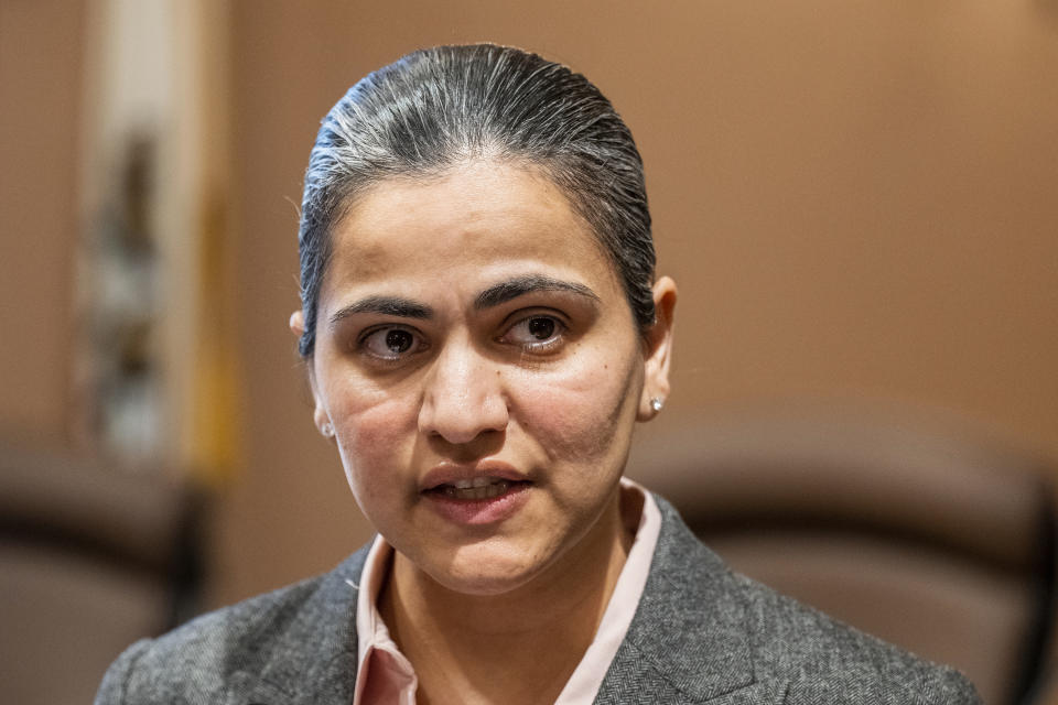 California state Sen. Aisha Wahab proposes SB 403, a bill which adds caste as a protected category in the state’s anti-discrimination laws, in Sacramento, Calif., Wednesday, March 22, 2023. California may become the first state in the nation to outlaw caste-based bias, a safeguard people of South Asian descent say is necessary to protect them from discrimination in housing, education and the tech sector where they hold key roles. (AP Photo/José Luis Villegas)