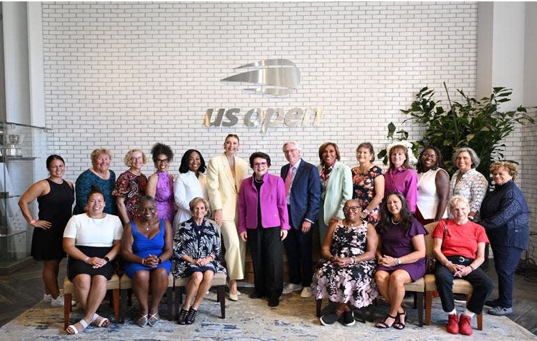 Recipients of the United States Tennis Association's Billie Jean King Champions of Equality award for 2024 included Andrea Meyer of Clarkdale, Arizona (standing fifth from right). King was on hand to present the awards along with tennis great Maria Sharapova (both are standing center), and ABC news anchor Robin Roberts, (left of Meyer).