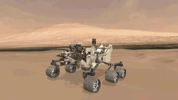 This animation shows the approximate true position of NASA's Curiosity rover on Mars. A 3-D virtual model of Curiosity is shown inside Gale Crater, near Mount Sharp, Curiosity's ultimate destination.