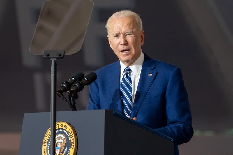 U.S. President Joe Biden delivers remarks at Joint Base Langley-Eustis in Hampton