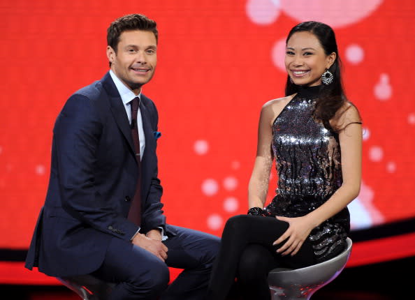 Host Ryan Seacrest and contestant Jessica Sanchez onstage at FOX's 'American Idol' Season 11 Top 12 Girls Live Performance Show on February 29, 2012 in Hollywood, California. (Photo by FOX via Getty Images)