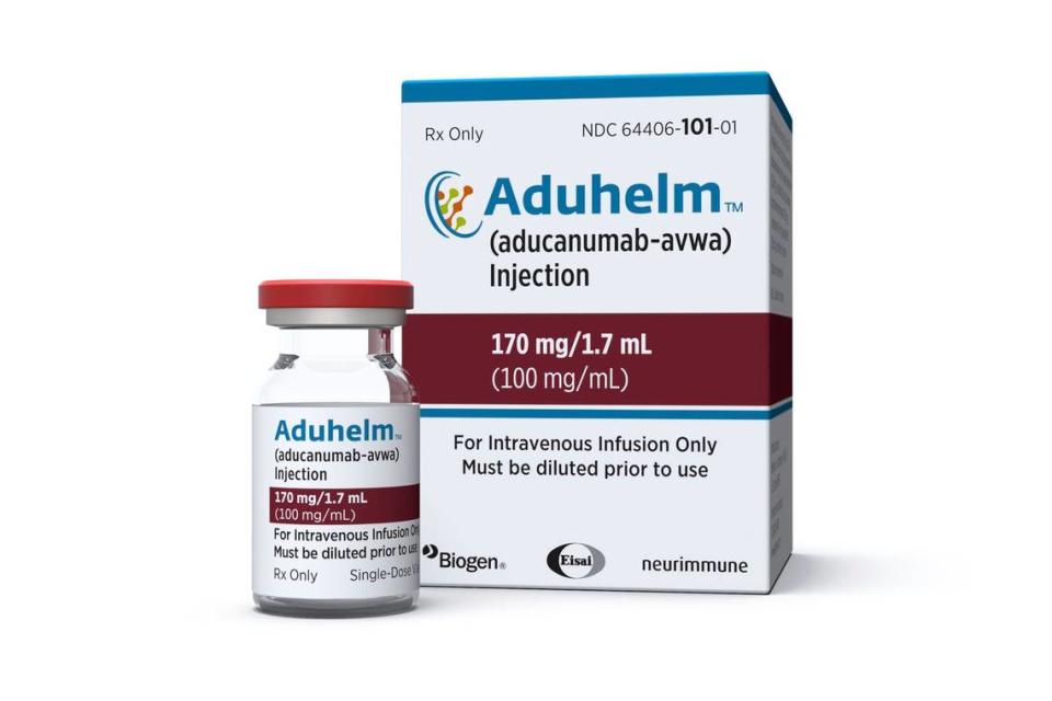 This image provided by Biogen shows a vial and packaging for the drug Aduhelm. On Monday, June 7, 2021, the Food and Drug Administration approved Aduhelm, the first new medication for Alzheimer’s disease in nearly 20 years, disregarding warnings from independent advisers that the much-debated treatment hasn’t been shown to help slow the brain-destroying disease. 
