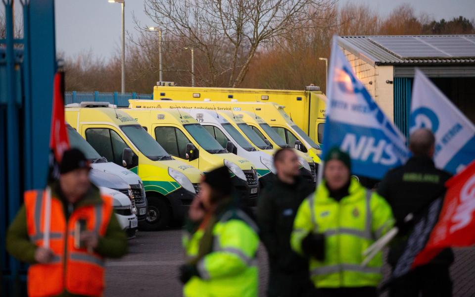 Striking ambulance workers picket outside Fazakerley Ambulance Station in Liverpool this morning - Adam Vaughan /Shutterstock