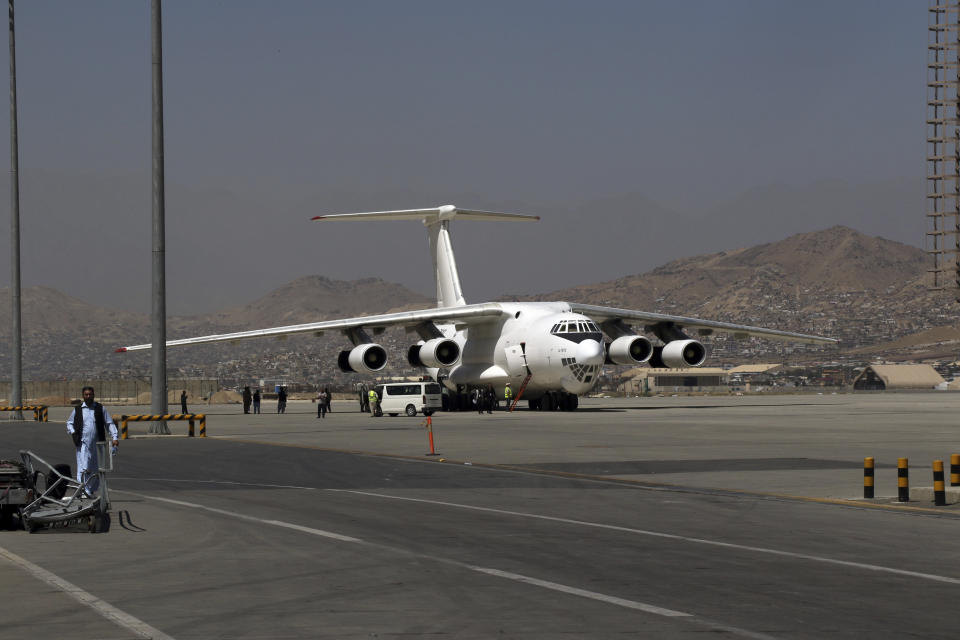 A plane is parked at Hamid Karzai International Airport in Kabul, Afghanistan, Sunday, Sept. 5, 2021. Some domestic flights have resumed at Kabul's airport, with the state-run Ariana Afghan Airlines operating flights to three provinces. (AP Photo/Wali Sabawoon)