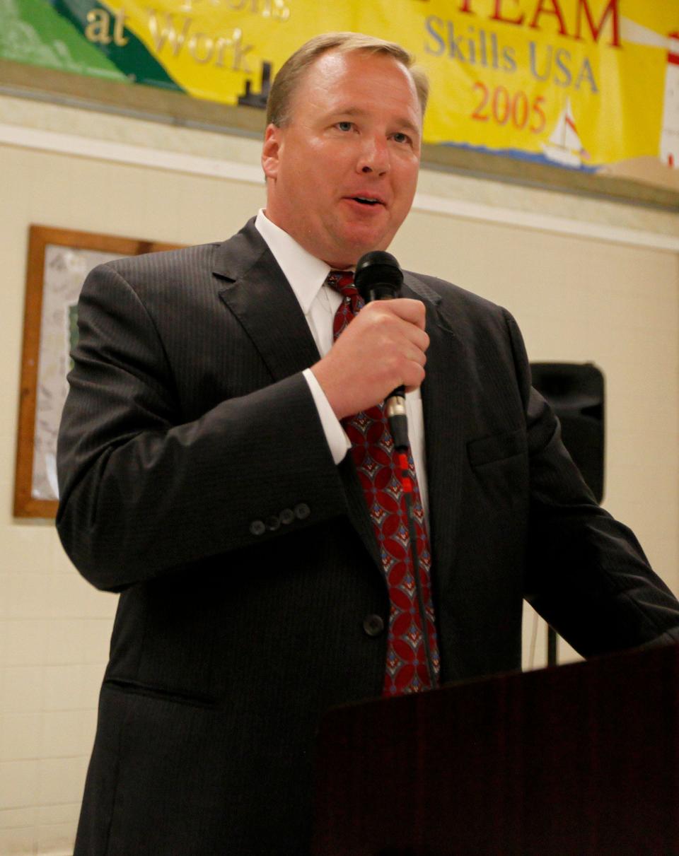 Jerry Scanlan of Hopatcong wins the vote during the Sussex County Republican Committee meeting to pick a successor to fill the term of retiring GOP Chair Ailish Hambel in the Sussex County Technical School cafeteria on Tuesday, June 30, 2015, in Sparta.