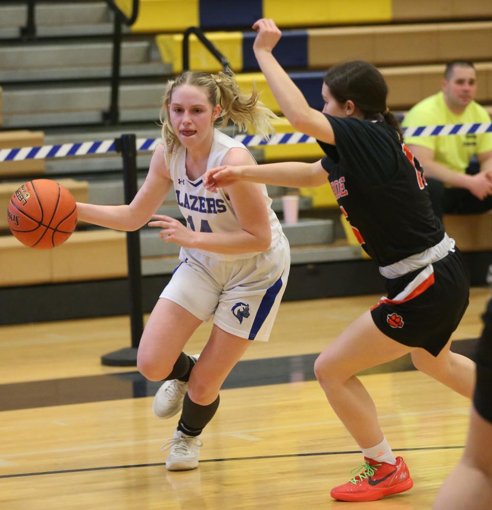 Millbrook's Serafina Fauci drives toward the basket against Tuckahoe during a Class C girls basketball regional final on March 7, 2024.