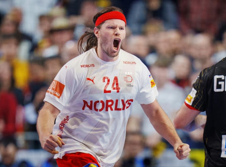 L'arrière gauche du Danemark Mikkel Hansen lors de la demi-finale du Championnat d'Europe 2024 de handball masculin contre l'Allemagne, à Cologne, le 26 janvier 2024 (Liselotte Sabroe)
