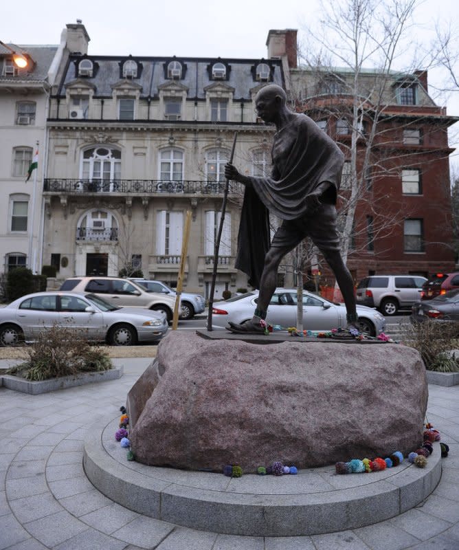 A tribute to Mahatma Gandhi is seen in front of the Indian Embassy in Washington, D.C., on February 20, 2011. On January 30, 1948, Indian leader Gandhi was assassinated by a Hindu extremist. File Photo by Roger L. Wollenberg/UPI