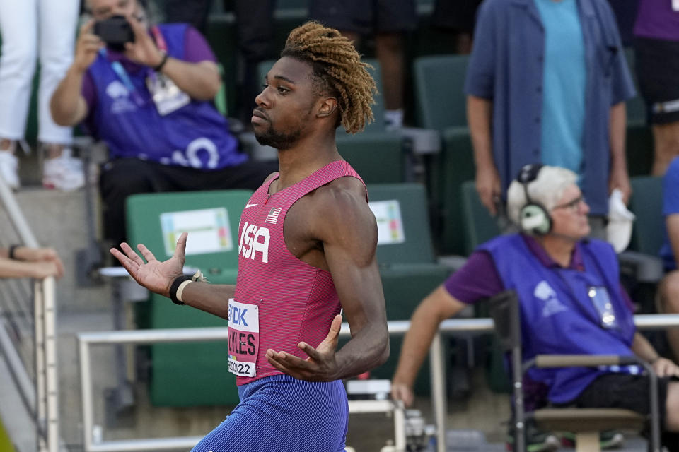 Noah Lyles, of the United States, celebrates after winning the men's 200-meter run final at the World Athletics Championships on Thursday, July 21, 2022, in Eugene, Ore. (AP Photo/David J. Phillip)