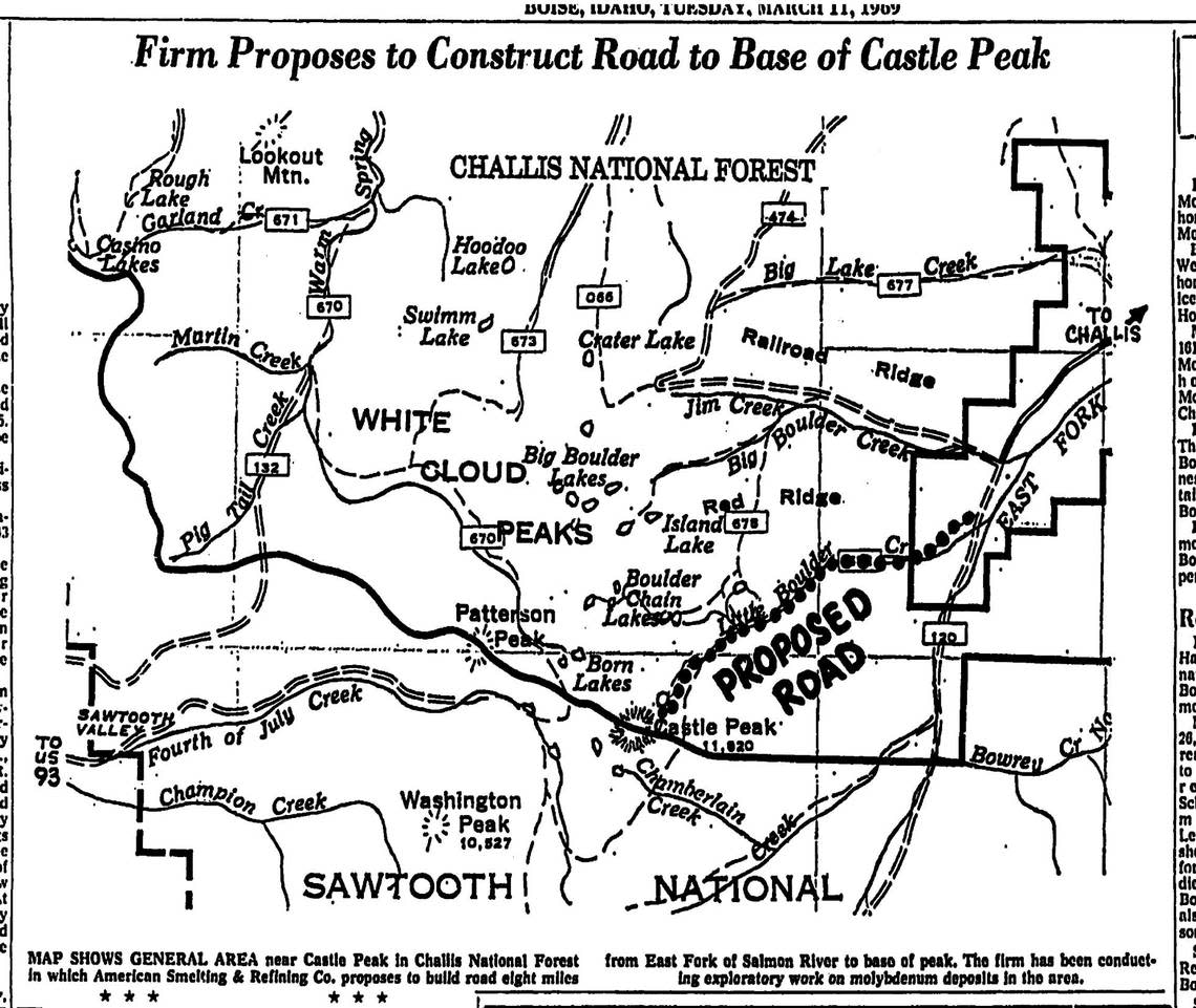 March 1969 map of a proposed mining road in the White Clouds.