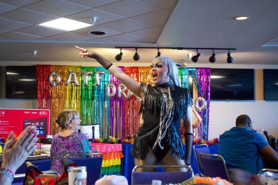 No One performs for the players of drag queen bingo during the California State Fair on Saturday. The game had the grand prize of a smart TV, and was part of the Out at the Fair event at Sacramento’s Cal Expo.