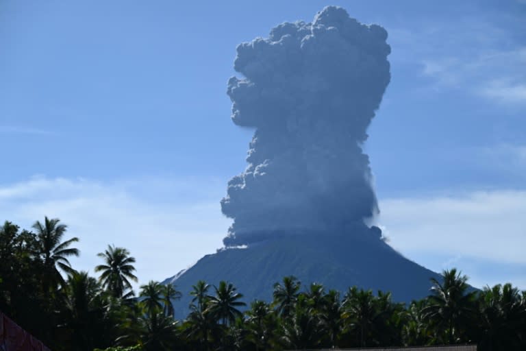 A column of ash soared into the daytime sky on Indonesia's Halmahera island in North Maluku province (Handout)