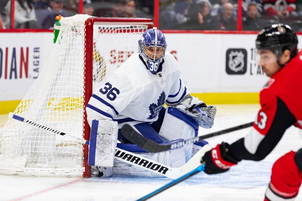 OTTAWA, ON - FEBRUARY 15: Toronto Maple Leafs Goalie Jack Campbell (36) tracks the puck during first period National Hockey League action between the Toronto Maple Leafs and Ottawa Senators on February 15, 2020, at Canadian Tire Centre in Ottawa, ON, Canada. (Photo by Richard A. Whittaker/Icon Sportswire via Getty Images)