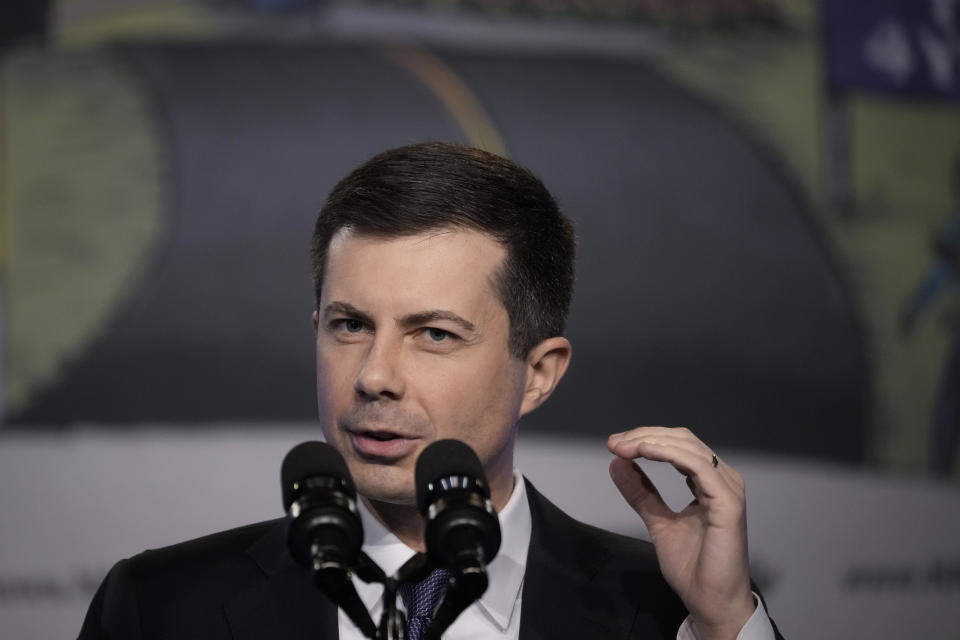 WASHINGTON, DC - APRIL 6:  U.S. Secretary of Transportation Pete Buttigieg speaks during the annual North America's Building Trades Union's Legislative Conference at the Washington Hilton Hotel on April 6, 2022 in Washington, DC. North America's Building Trades Union's is a labor organization representing more than 3 million skilled craft professionals in the United States and Canada. (Photo by Drew Angerer/Getty Images)