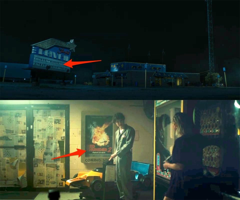 A red arrow pointing to a drive-in theater marquee and movie poster on season one of "Gen V."