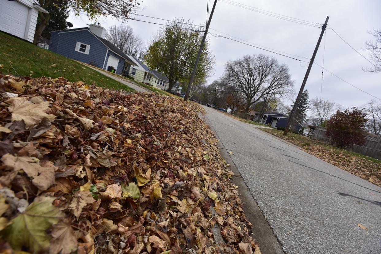 Pile of leaves amass on the curbside of a neighborhood street on the north end of the city on Tuesday, Nov. 15, 2022.