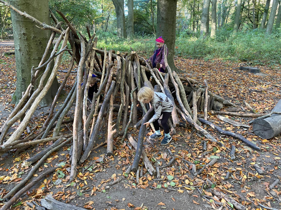 child building a fort out of sticks in the woods