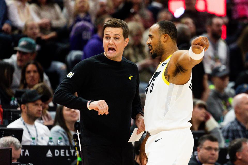 Utah Jazz head coach Will Hardy talks to Utah Jazz guard Talen Horton-Tucker (5) during an NBA basketball game between the Utah Jazz and Orlando Magic at the Delta Center in Salt Lake City on Thursday, Nov. 2, 2023. | Megan Nielsen, Deseret News