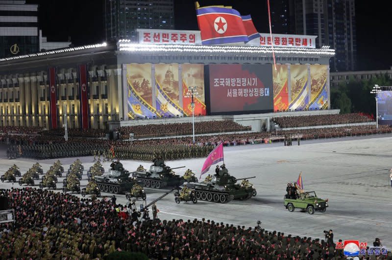 North Korean leader Kim Jong Un presides over a military parade celebrating the 70th anniversary of the Korean War ceasefire on Thursday. Photo courtesy of KCNA/UPI