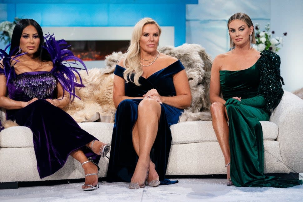 Heather Gay sits sandwiched between Jen Shah and Whitney Rose at The Real Housewives of Salt Lake City's season 2 reunion