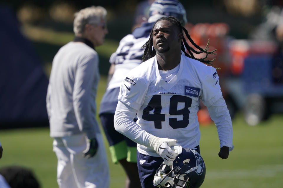 Seattle Seahawks linebacker Shaquem Griffin runs on the field during NFL football training camp, Thursday, Sept. 3, 2020, in Renton, Wash. (AP Photo/Ted S. Warren)