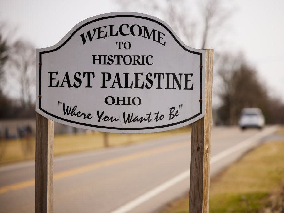 A welcome sign to East Palestine, Ohio.