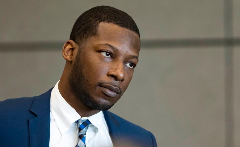 Euri Jenkins, who is charged with first-degree murder in connection to the June 29, 2017, fatal shooting of his wife, Makeva Jenkins attends jury selection for his trial at the Palm Beach County Courthouse in West Palm Beach, Jan. 22, 2020.