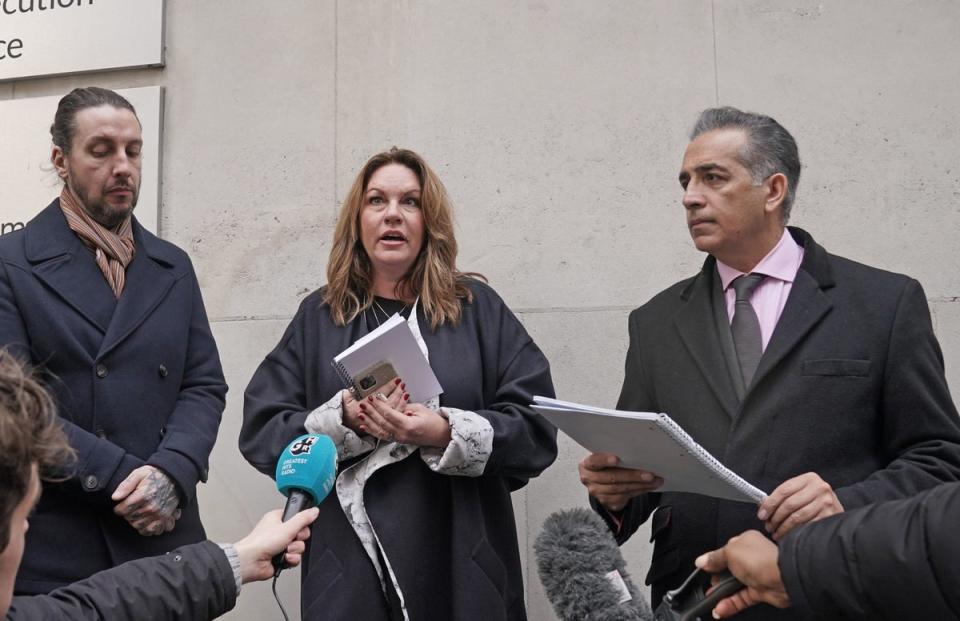 James Coates, son of Ian Coates,  Emma Webber, mother of Barnaby Webber and Dr Sanjoy Kumar, father of Grace O'Malley-Kumar speak to the media in London (PA)