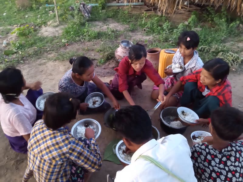 Displaced people flee violence at the town of Depayin in Myanmar's Sagaing region