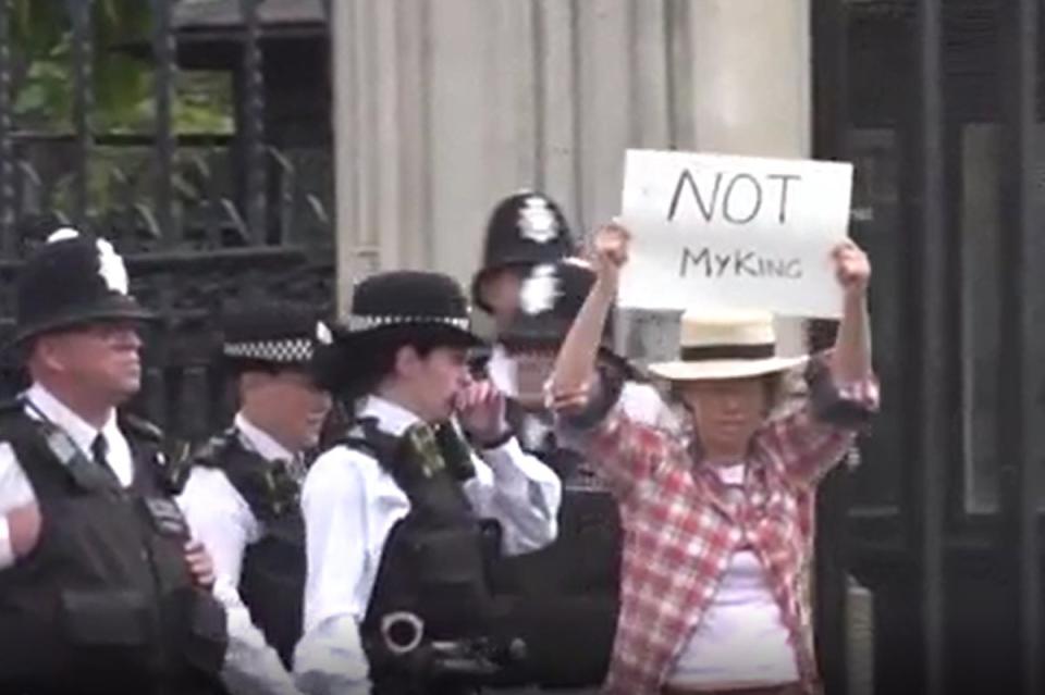 Not My King: The woman was led away from the Houses of Parliament (Evening Standard)